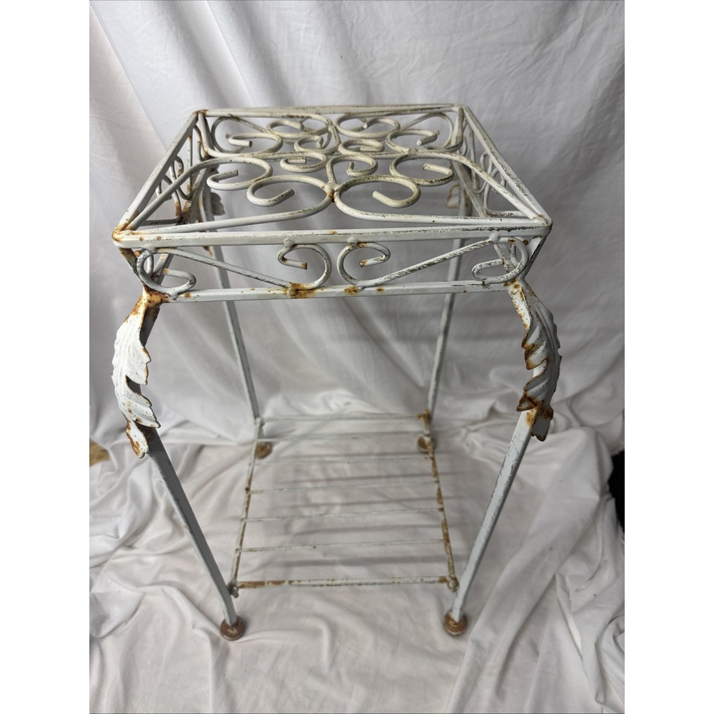 Vintage MCM Wrought Iron Plant Fern Garden White Stand Leaf Scroll Bistro Table